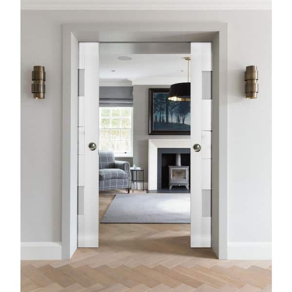 72 in. x 80 in. Single Panel White Solid MDF Double Sliding Doors with Double Pocket Hardware