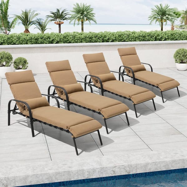 4-Piece Adjustable Metal Outdoor Chaise Lounge with Tan Cushion