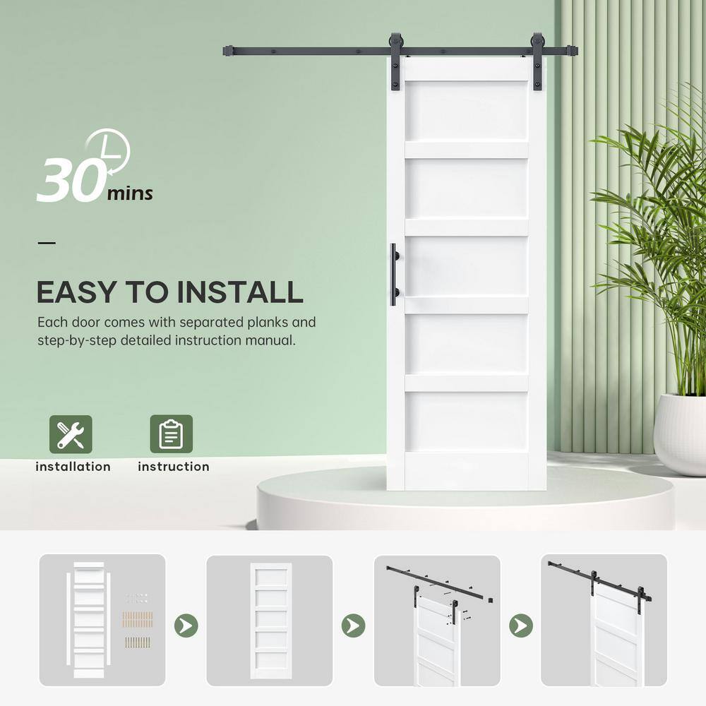 28x84 Inch White 5-Panel MDF Barn Door with Hardware Kit