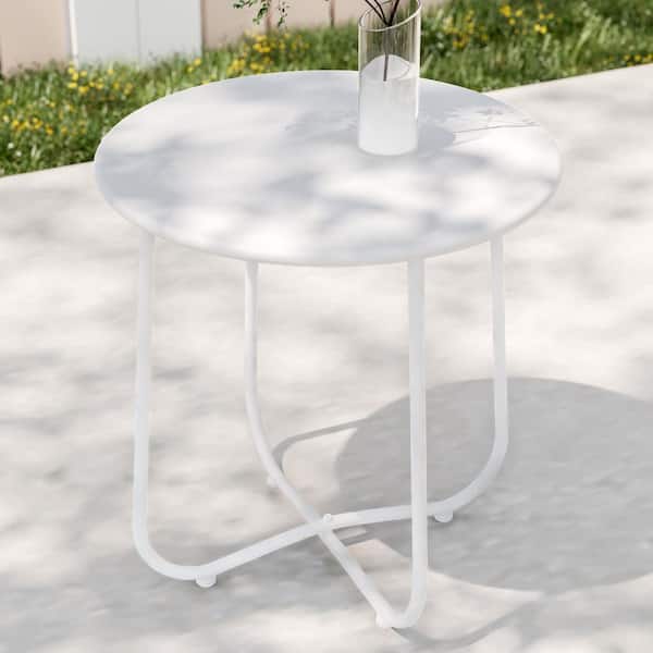 Sonkuki Patio White Round Metal Frame Outdoor Side Table Modern Industrial Style with Weather Resistant