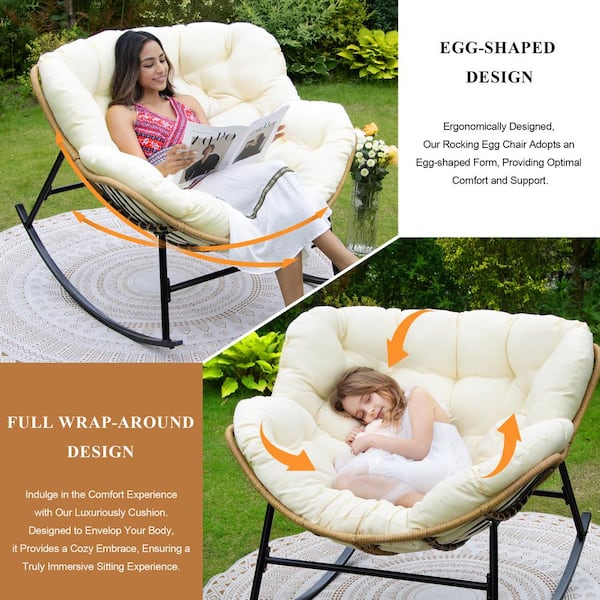 Oversized Beige PE Wicker Outdoor Rocking Chair Papasan Chair with Beige Cushion