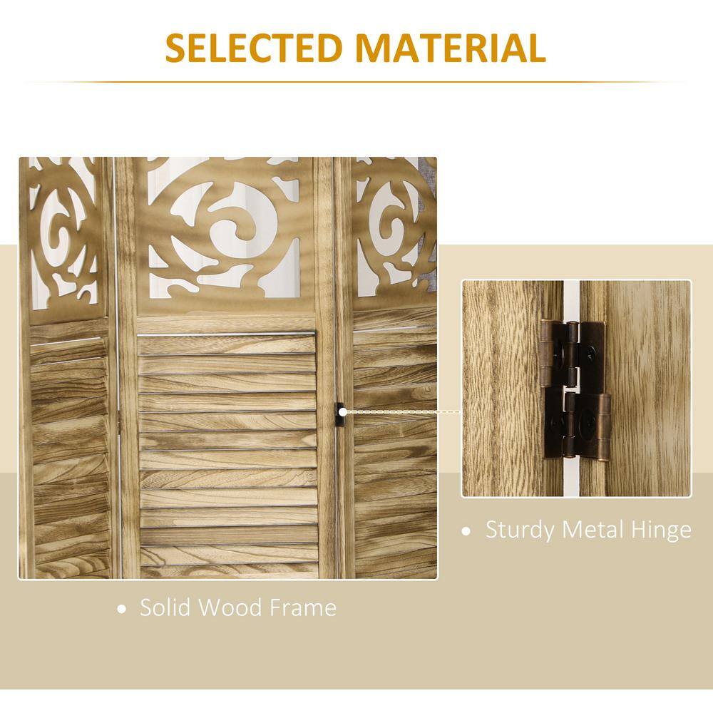 Brown Wood 3-Panel Folding Room Divider with Floral Design