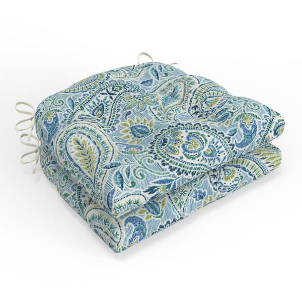 Pillow Perfect Paisley 16 in W x 4 in H Square Outdoor Tufted Wicker Seat Cushion with Ties 2-Count in Blue Arctic Stone