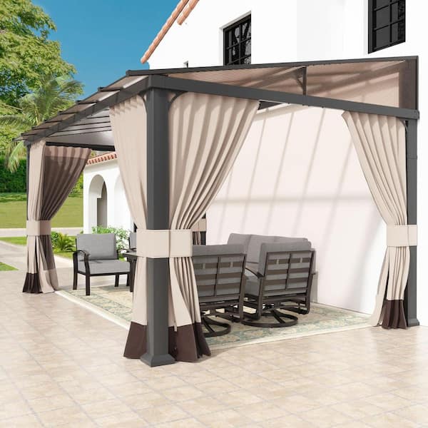 Halmuz 10 ft. x 14 ft. Gray Hardtop Sloping Pitched Roof Gazebo with Curtain Sand