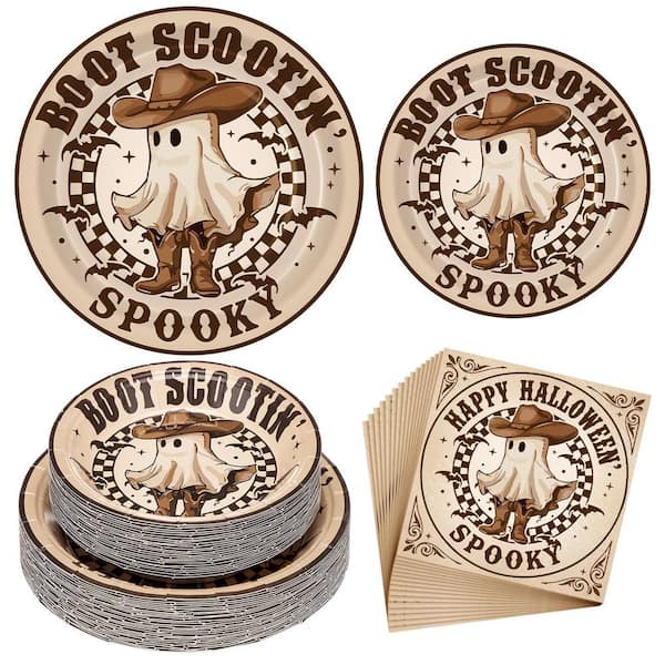 72-Piece Paper Halloween Tableware Supplies Kit, Western Retro Boot Ghost Party Supplies for 24 Guest