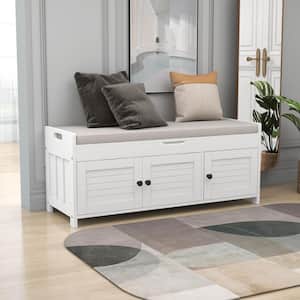 White Storage Bench with 3-Shutter-shaped Doors and Removable Cushion 18 in. H x 44 in. W x 16 in. D