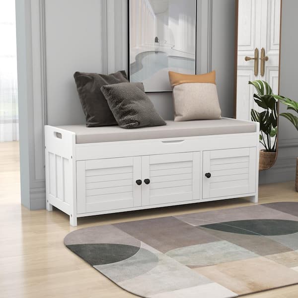 Qualler White Storage Bench with 3-Shutter-shaped Doors and Removable Cushion 18 in. H x 44 in. W x 16 in. D