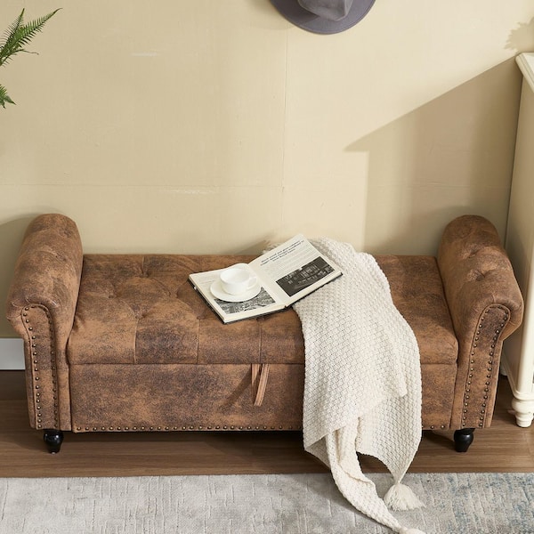 anpport Coffee Microfiber 55.12 in. W Bedroom Bench with Storage