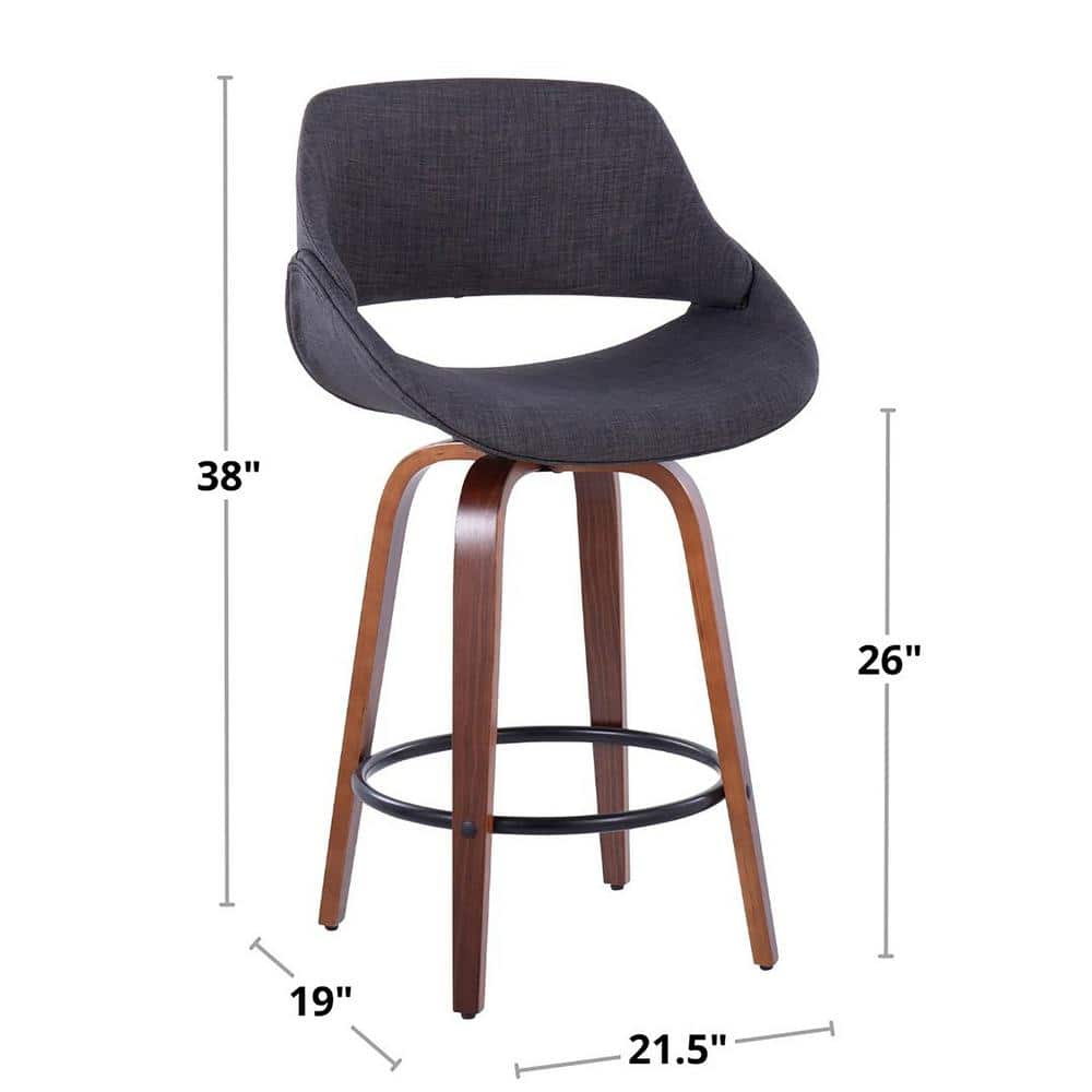 Charcoal Upholstered Walnut Wood Swivel Counter Stools with Black Metal Footrest, Set of 2