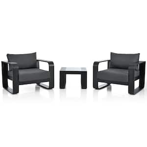Anky Black 3-Piece Aluminum Patio Conversation Set with Gray Cushions