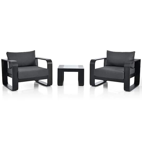 Miscool Anky Black 3-Piece Aluminum Patio Conversation Set with Gray Cushions