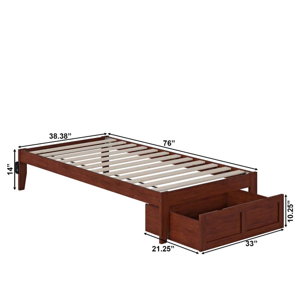 Walnut Twin Wood Frame Bed with Foot Drawer and USB Charger
