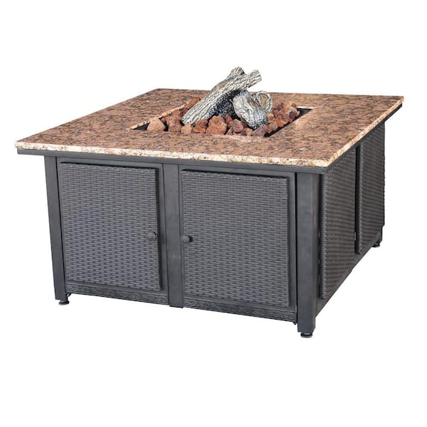 Endless Summer 41.3 in. W x 22.4 in. H Square Granite Mantle LP Gas Fire Pit with Faux Wicker Panels and Electronic Ignition