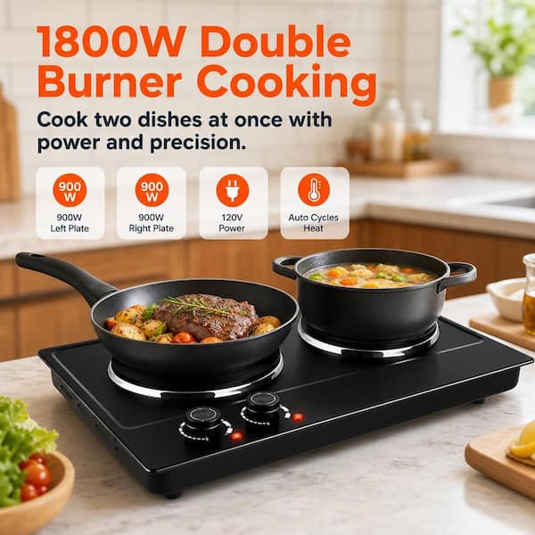 Numhew 1800 W 2-Burner 7.4 in. Black Electric Portable Cast Iron
