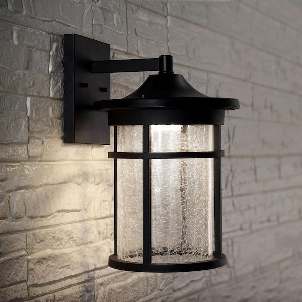Porto Large 14 in. Black Integrated LED Outdoor Wall Lantern Crackled  Glass/Metal Sconce