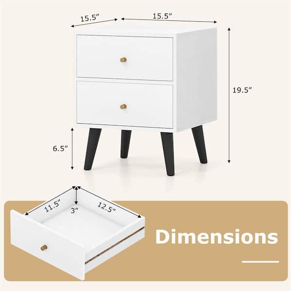 White 2 Drawer 15.5 in. W Nightstand Set of 2, 2-Storage Drawers, Small Accent Table with Golden Knobs