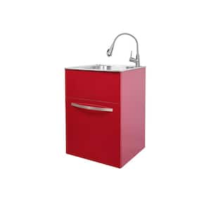 24 in. W x 21 in. D x 34 in. L Stainless Steel Utility Sink with Faucet and Drawer Cabinet in Red