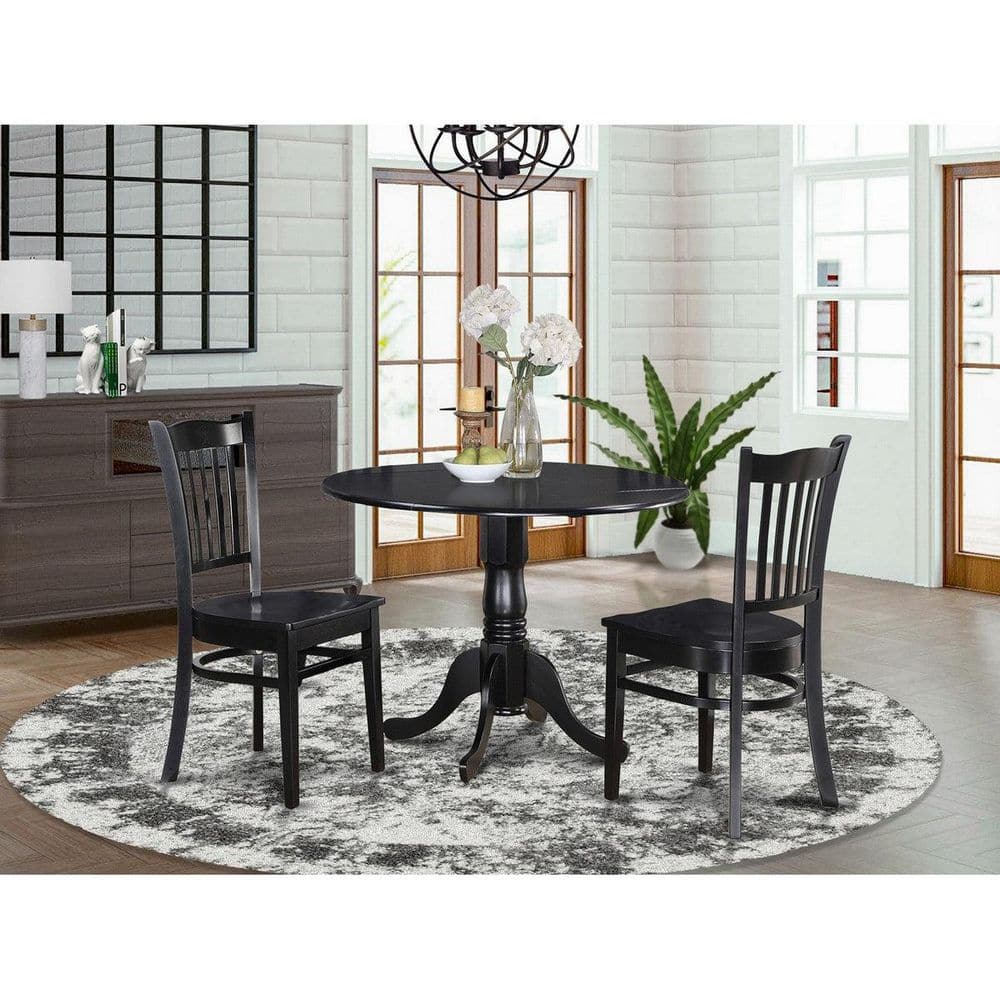 3-Piece Round Black Finish Solid Wood Top Dining Table with 2 Chairs with Lattice Back