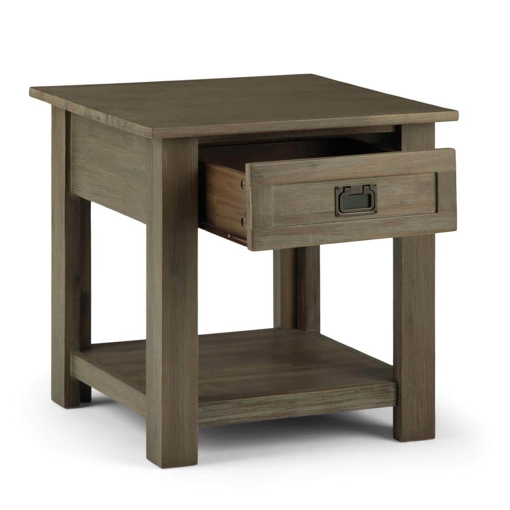 Monroe Solid Acacia Wood Square End Table in Distressed Grey with Storage