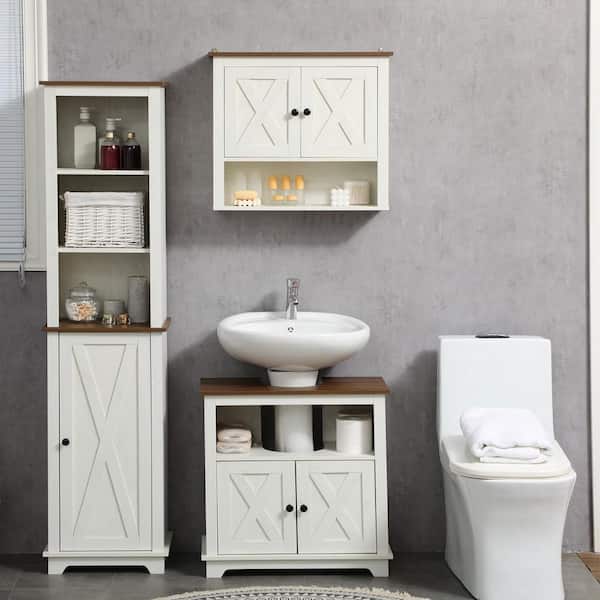 kleankin Modern Farmhouse Bathroom Sink Cabinet, Pedestal Sink Storage Cabinet with Double Doors and Storage Shelves, White