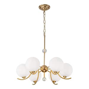 6-Light Gold Modern/Contemporary Chandelier with White Globe Glass Shades