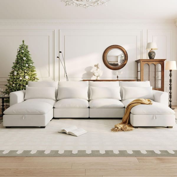 132.3 in. Square Arm Linen U-Shaped Sofa in Beige with 2 Ottomans