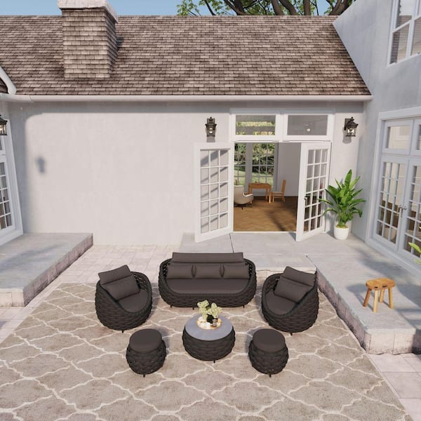 6-Pieces Black Aluminum Woven Rope Outdoor Patio Sectional Set with Three-seater Sofa Ottomans, Dark Gray Cushions