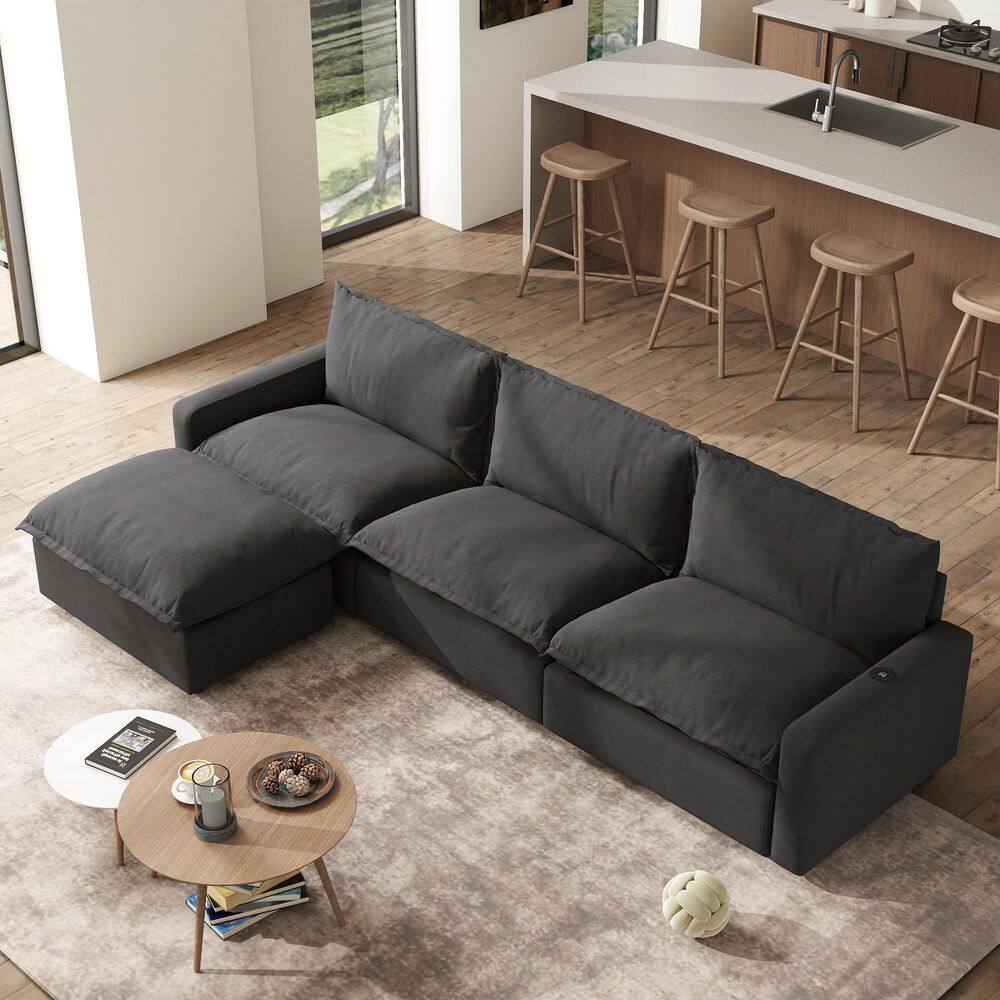 116 in. Square Arm 4-piece Linen Modular Free Combination sofa Sectional Sofa with Ottoman in Gray