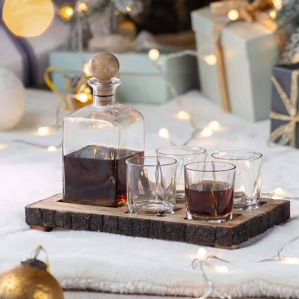 Unbranded 6-Piece Brown Glass Bar Set, Bar Set with Mango Wood Stand