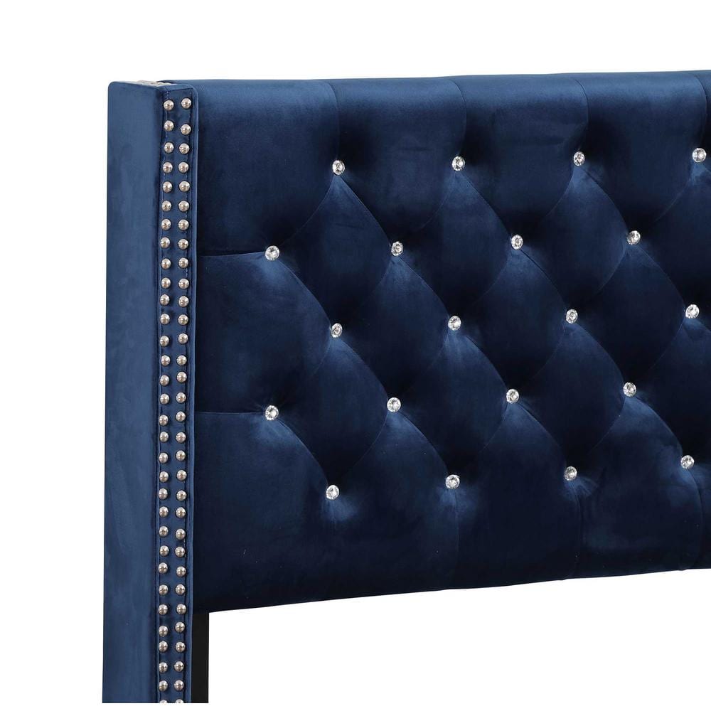 Navy Blue Velvet Tufted Upholstered Queen Bed with Nailhead Trim