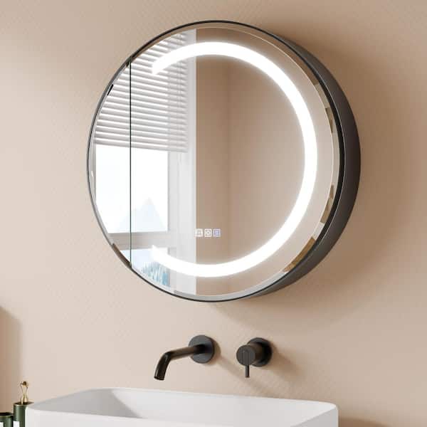 Radii 28 in. W x 28 in. H Round Silver Aluminum Medicine Cabinet with Mirror, Dimmable LED, Soft-Close Hinge