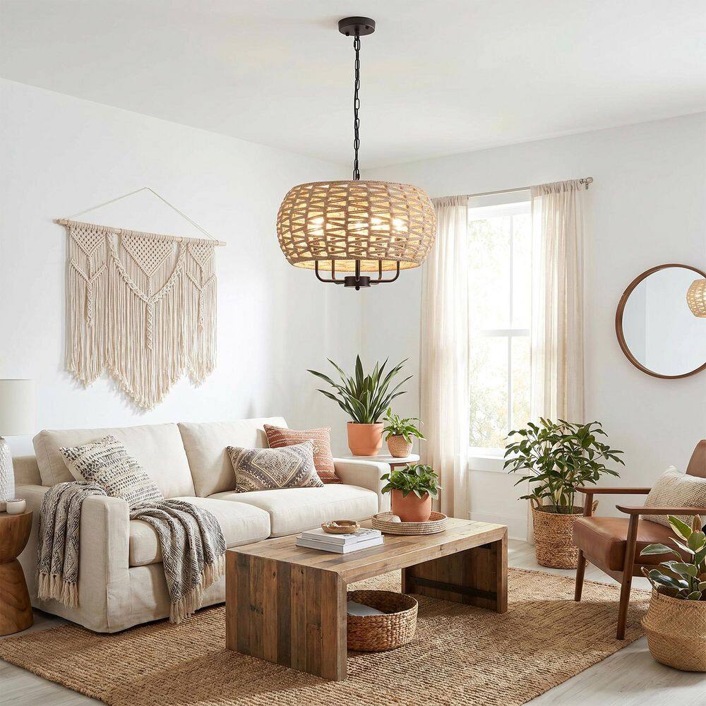 5 Light Black and Brown Drum Chandelier with Hand-Woven Twine Shade Modern Farmhouse Foyer Hanging Pendant Light Fixture price history on PriceWatchPro