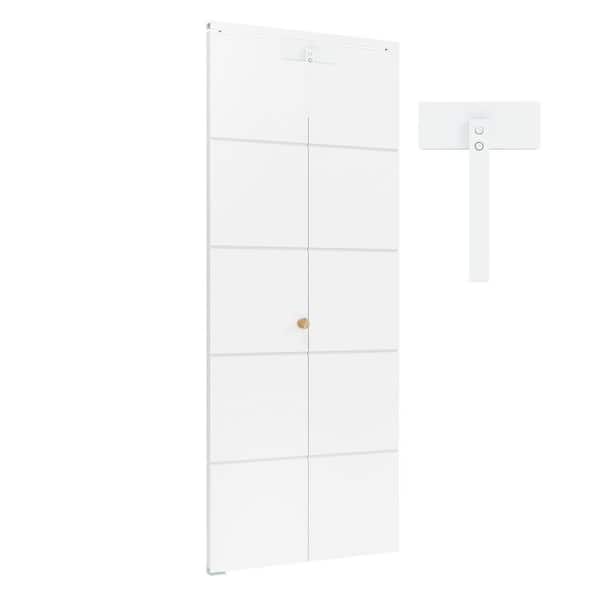 28 in. x 80 in. 5 Grooved Lines Primed Hollow Core MDF. Bi-Fold Door with Lock, Handle and Hardware Kits, Closet Doors