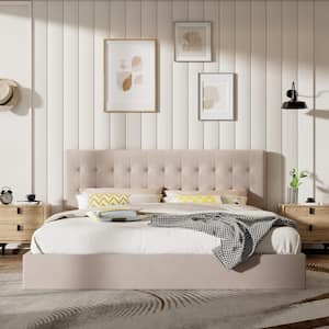 Light Khaki Beige Frame King Size Upholstered Platform Bed with Lift-up Storage Supported by Metal and Wooden Slats