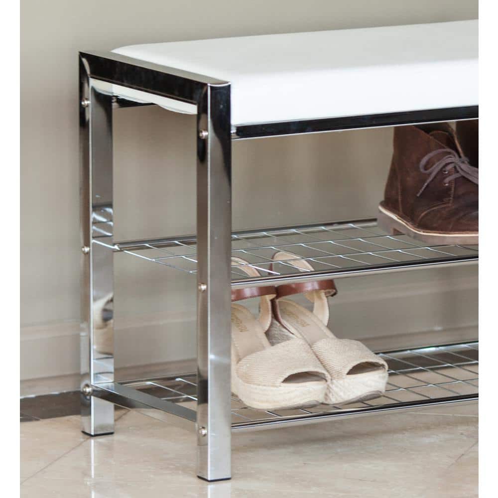 Chic White Leatherette and Chrome Metal Frame Entryway Shoe Bench with Storage