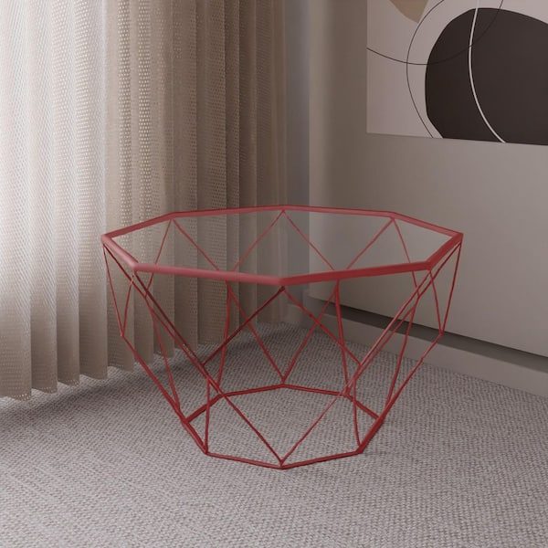 Malibu 29 in. Octagon Coffee Table Modern Tempered Glass Tabletop Geometric Metal Frame Accent Table in Red