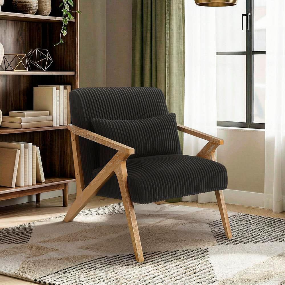 Lazzara Lennox Black Corduroy Upholstery Solid Wood Frame Accent Chair ...