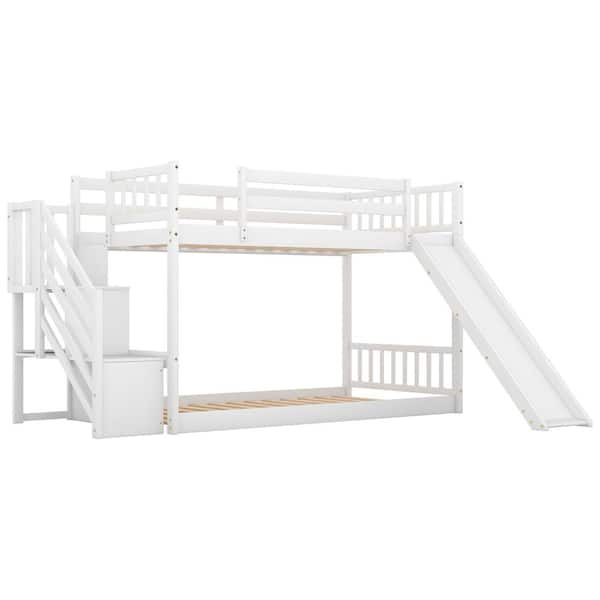 Nestfair White Wood Twin over Twin Bunk Bed with Convertible Slide and ...