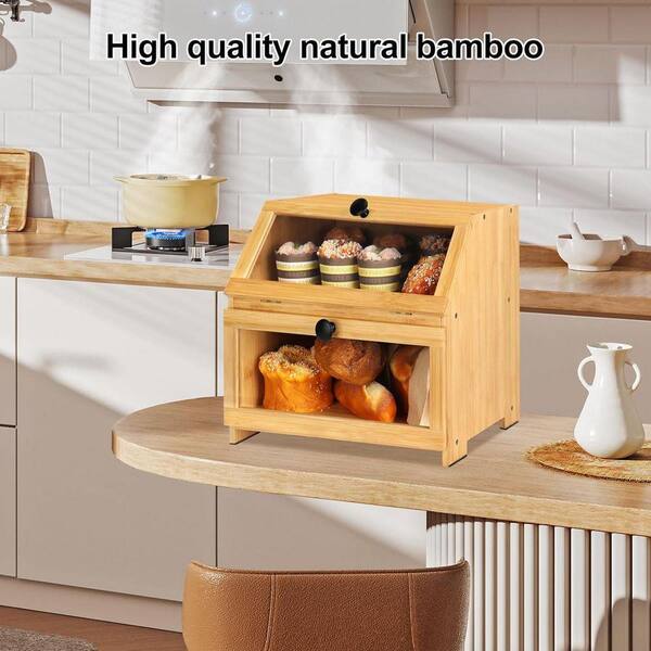 JFVKAF Farmhouse Bamboo Bread Box Countertop with Large Capacity