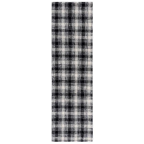 Genre 2 ft. x 8 ft. Black/Ivory Gradient Plaid Runner Rug