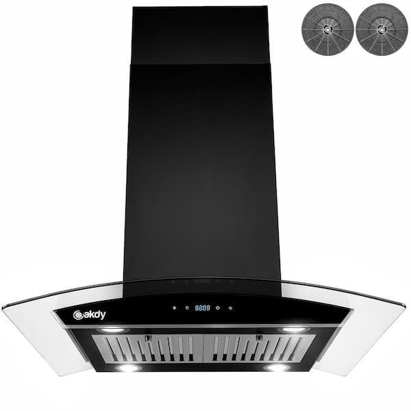 36 in. 343 CFM Convertible island Mount Range Hood in Black Painted Stainless Steel with Glass and Carbon Filters