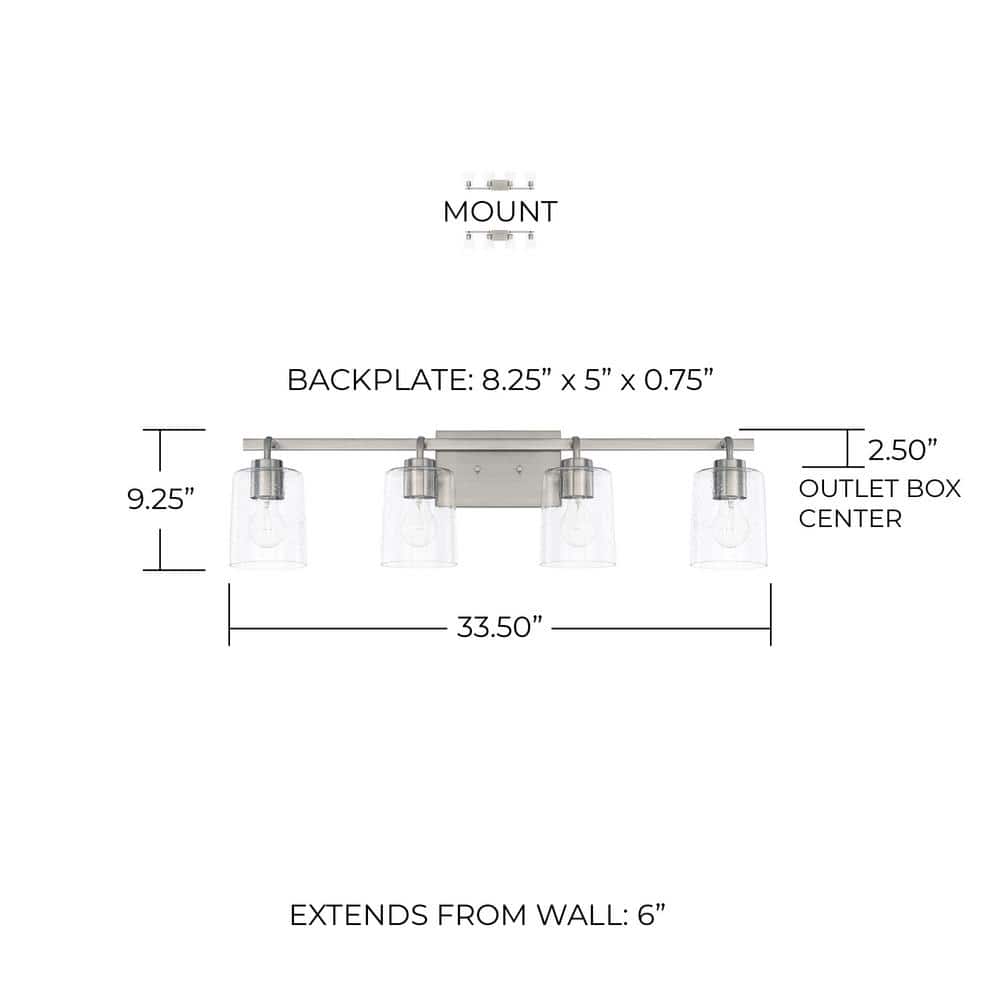 Brushed Nickel 4-Light Vanity with Clear Seeded Glass Shades