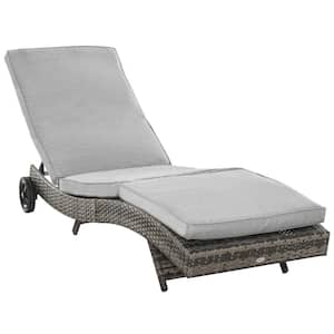 Grey Metal Plastic Rattan Outdoor Chaise Lounge Chair with Grey Cushions, 2 Wheels and 5 Backrest Angles