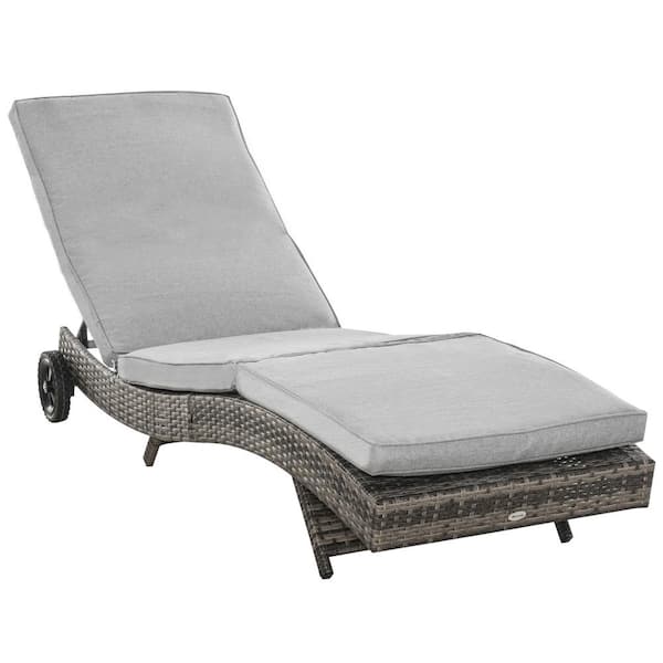 Outsunny Grey Metal Plastic Rattan Outdoor Chaise Lounge Chair with Grey Cushions, 2 Wheels and 5 Backrest Angles