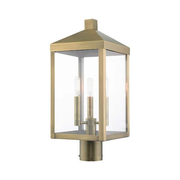 AVIANCE LIGHTING Creekview 19.5 in. 3-Light Antique Brass Cast Brass HardwireOutdoor Rust Resistant Post Light with No Bulbs Included