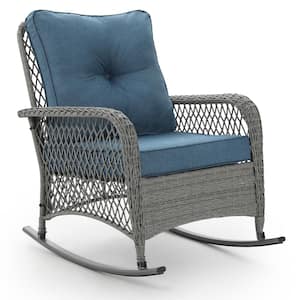 Wicker Outdoor Rocking Chairs with Blue Cushion