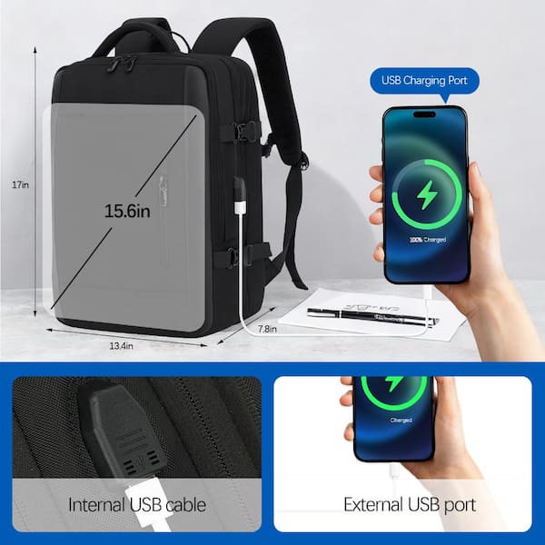 Bunpeony 45L Expandable Black Travel Laptop Backpack with USB Port, Water-Resistant, Fits Up to 17 in. Laptop Bunpeony 45L Expandable Black Travel Laptop Backpack with USB Port, Water-Resistant, Fits Up to 17 in. Laptop