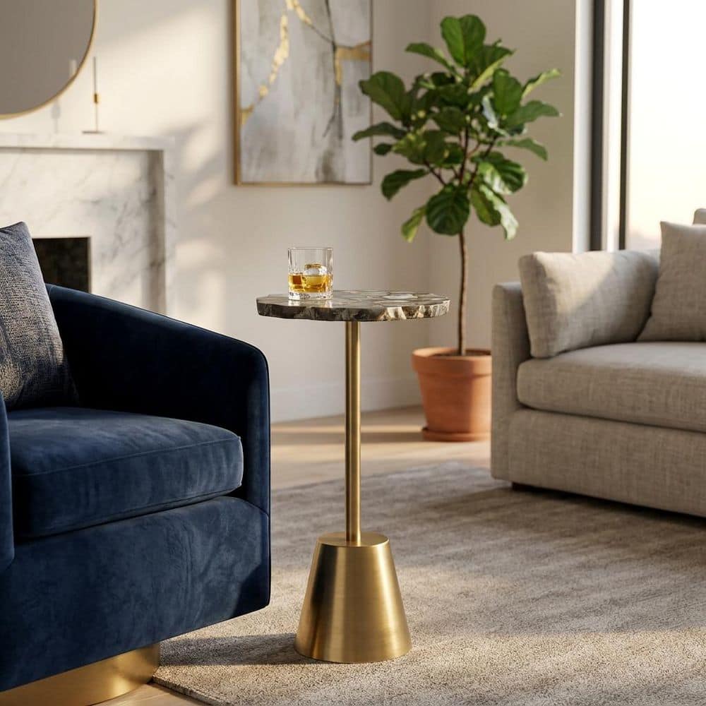 10 in. Gold Round Agate Stone Drink End Table