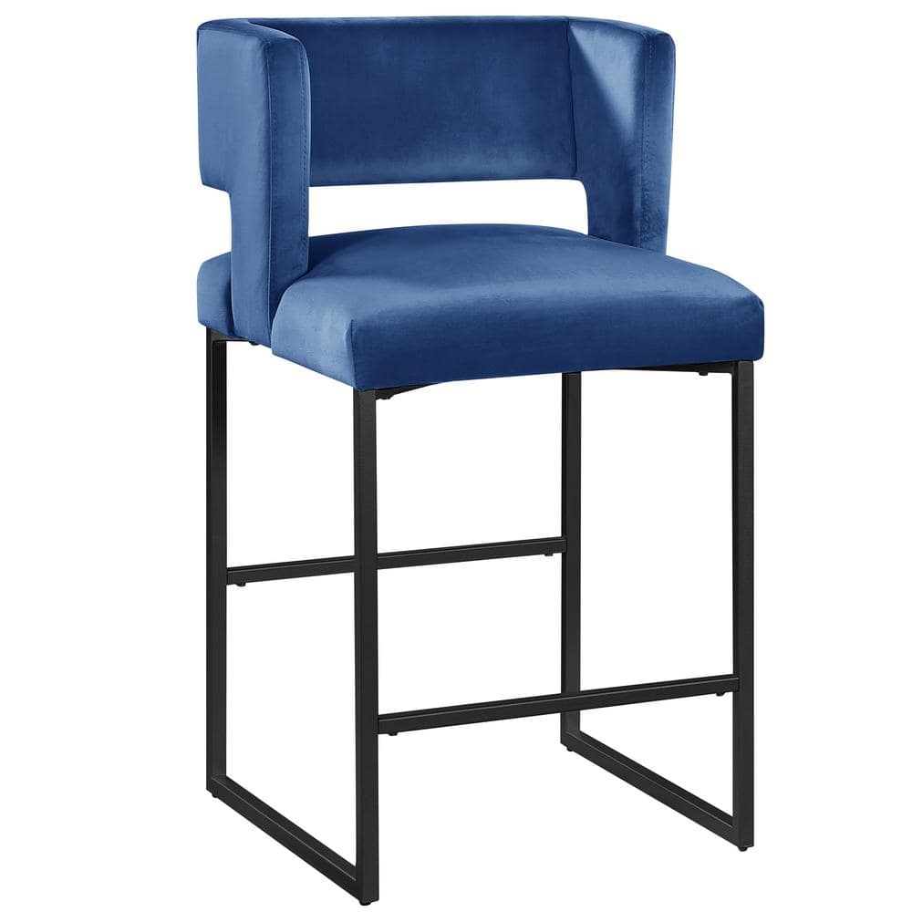 Modern Luxe Matte Black Metal Frame Blue Velvet Bar Stools (Set of 2)