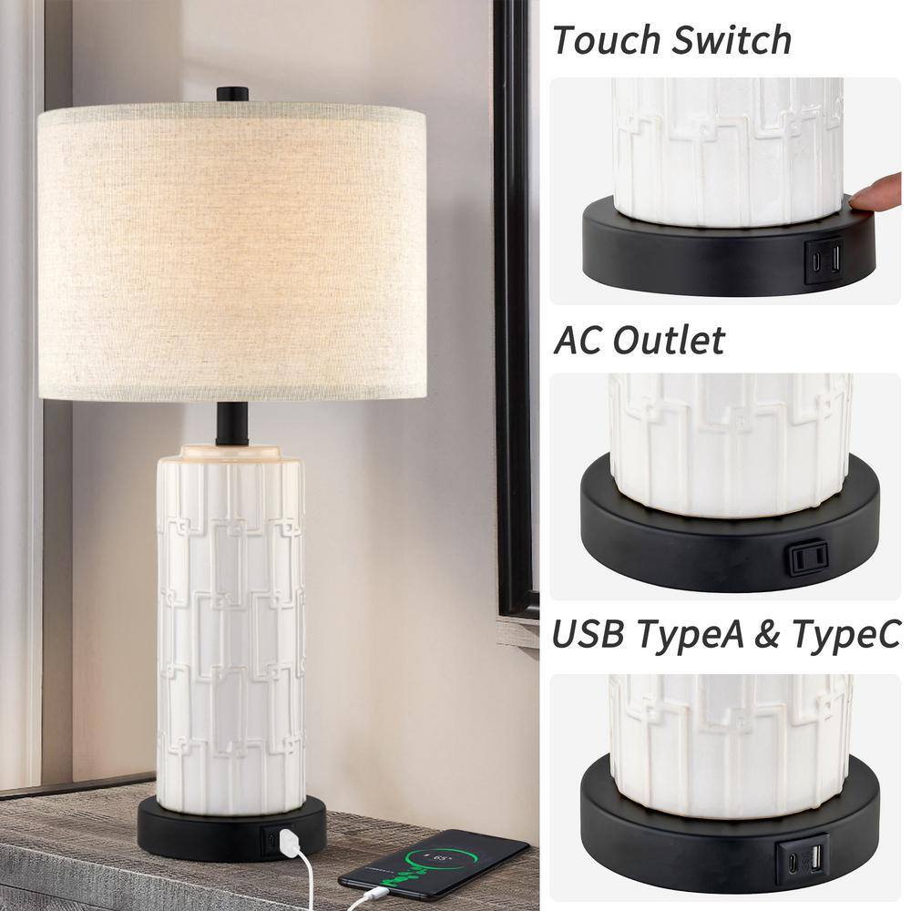 White Ceramic Table Lamp Set with USB Port and Linen Shade